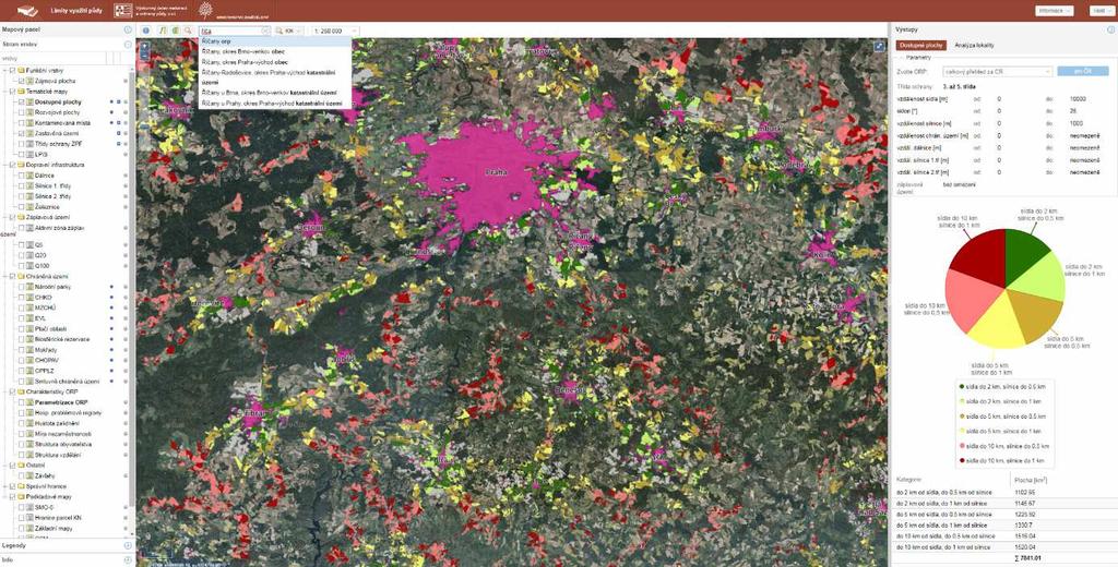 Obr. 2 popis aplikace Vyhledávání obcí, ORP, katastrálních území Registrace uživatele, informace Dotazování na vrstvu Měření délky Měření plochy Zvolení měřítka Výběr ORP pro statistiku ploch Strom