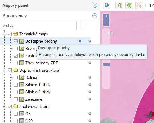 třídy, sklonitosti terénu, vzdálenosti od chráněného území a na základě existence záplavových území. V mapovém okně se zobrazí vybrané ORP a dostupné plochy do okruhu 10 km od zastavěného území obce.