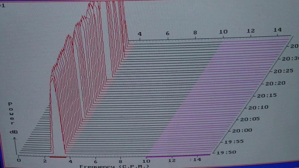 Obr. č. 8: Graf Running Spectra Analysis (RSA)- zjednodušené schéma. Pro přehlednost jsou znázorněny pouze 4 FFT linie, graf by tedy teoreticky odpovídal záznamu o délce 4 minut.