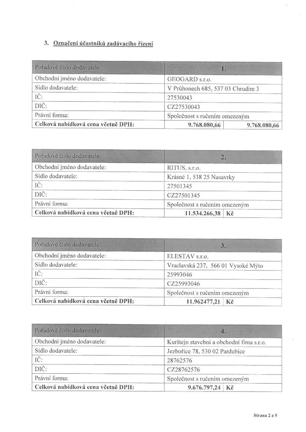 3. Označení účastníků zadávacího řízení Pořadové číslo dodavatele: l. GEOGARD s.r.o. V Průhonech 685, 537 03 Chrudim 3 IČ: 27530043 CZ27530043 Celková nabídková cena včetně DPH: 9.768.