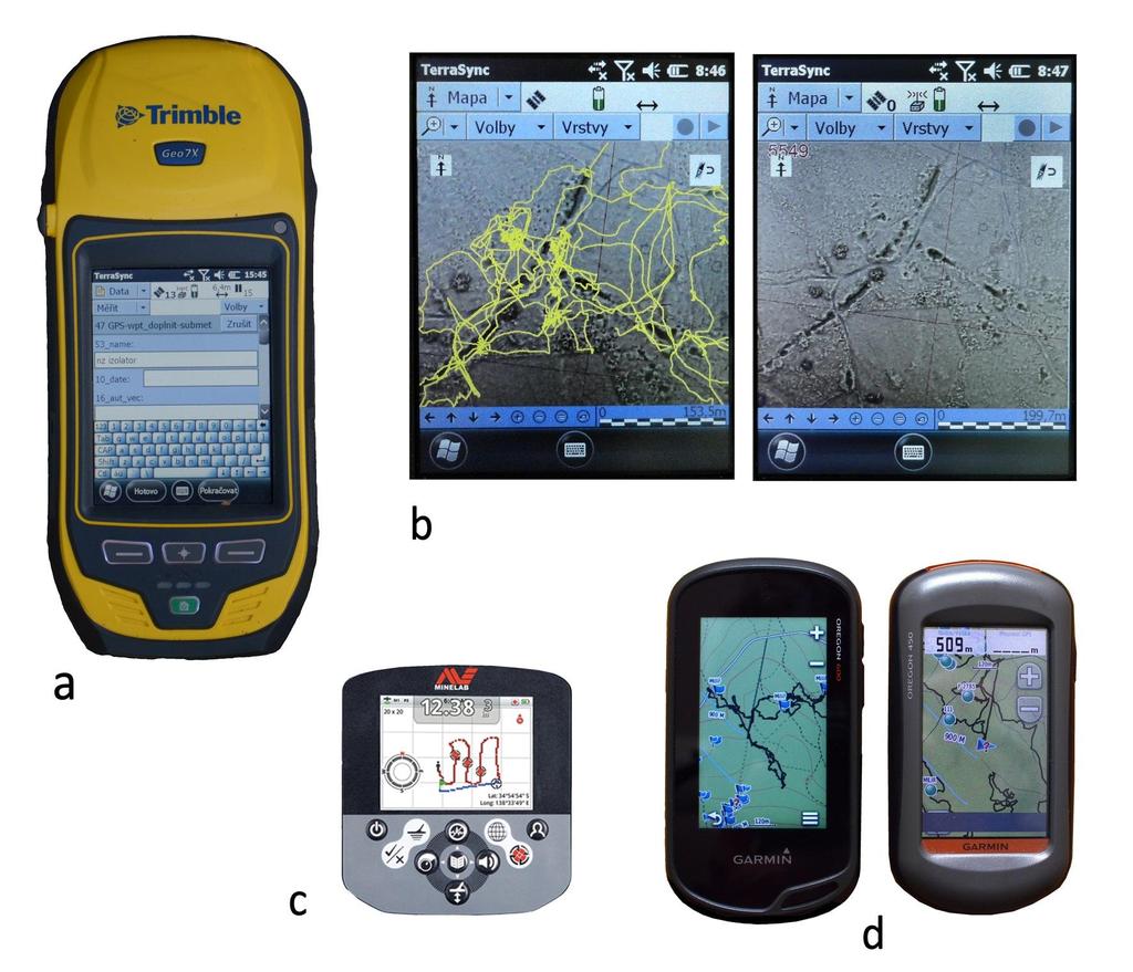 obr. 93. Ukázka 4 typů GPS/GNSS, používaných v NPÚ ú.o.p. v Lokti při průzkumu montánní krajiny.