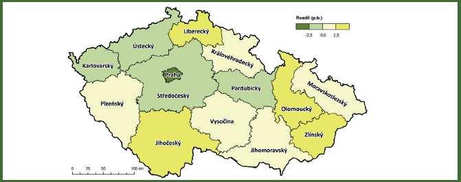 Jak příjmová chudoba odpovídá Rozdíl mezi ohrožením příjmovou chudobou a velkými obtížemi vyjít s příjmem podle krajů ČR v roce 2014 (procentní body) 23