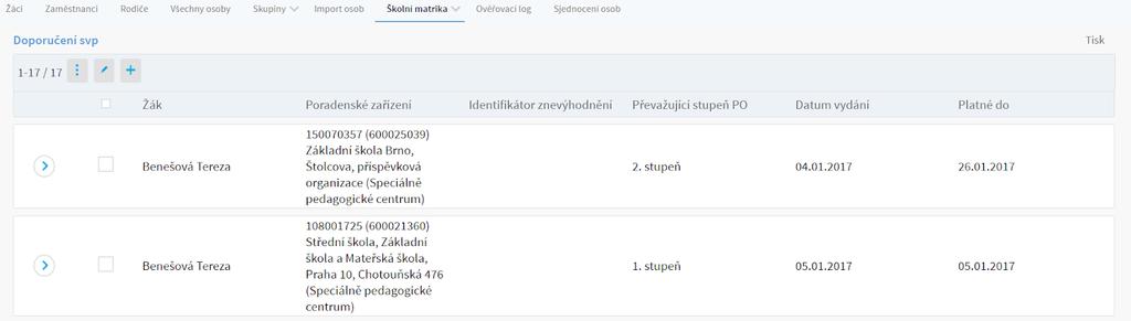 2. Kontrola matriky - v sekci Kontrola matriky se přímo zobrazují chybová hlášení, jaká chyba se u daného žáka vyskytuje.