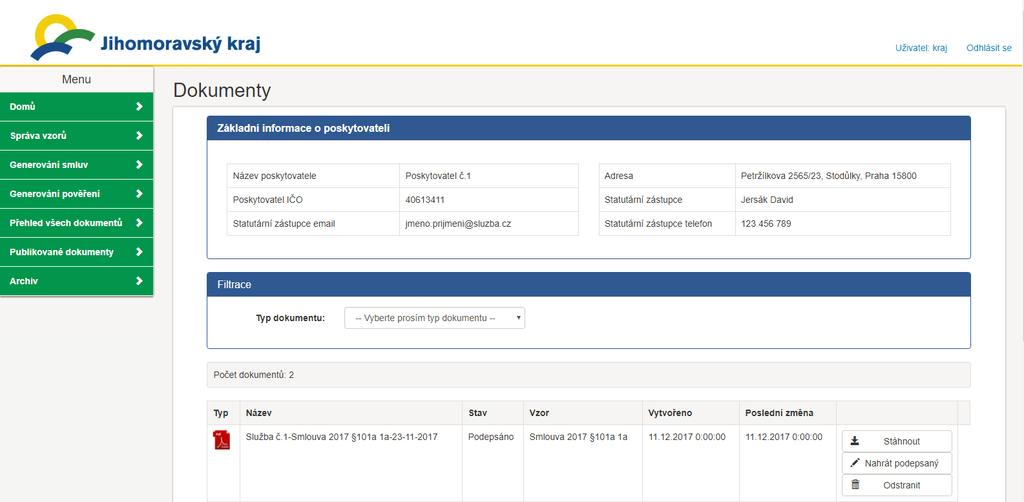 U vyfiltrovaných poskytovatelů je pak možné nahlížet přímo v domovské stránce již vygenerované dokumenty a sledovat jejich stav, např.