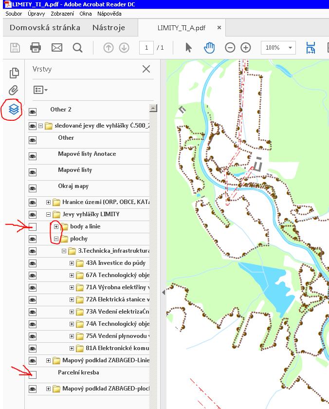 strana 2 Popis práce s vrstvami v programu Acrobat Reader (PDF soubory) Výkresy v PDF formátu jsou vytvořeny tak, že umožňují zapínat a vypínat zobrazení vrstev s daty UAP i vrstev podkladové mapy.