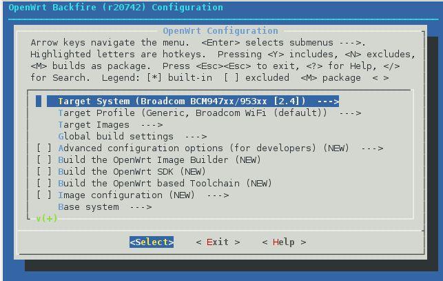 Obr. č. 2 Konfigurační rozhraní OpenWrt BackFire V konfiguračním rozhraní lze vybrat konkrétní architekturu zařízení, libovolně přidávat balíčky a měnit základní konfiguraci OpenWrt.
