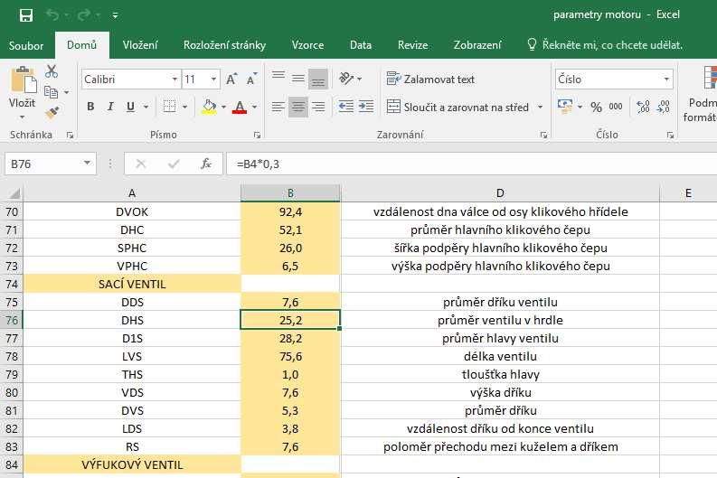 Pomocí navržených parametrů jsem v Excelu spočítal jednotlivé rozměry dané součásti a