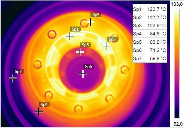 Na předních kolech přívěsu byla vlivem brzdění naměřená teplota přes 120 C (viz obr. 6.4). Na zadních kolech byla měřená teplota cca o 30 C nižší (viz obr. 6.5) a dosahovala hodnoty přes 90 C. Obr. 6.4 Teplota předního kola přívěsu Zdroj: vlastní foto Obr.