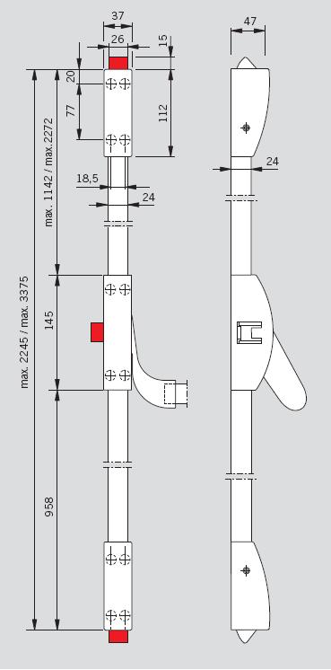 tyč pro výšku dveřního křídla do 3400mm stř.elox 1 602 6962 PHX 03F horní a dolní uzávěr, stř.elox 2 232 7874 PHT 05 klika s otvorem pro vložku,stř.elox,max.tl.