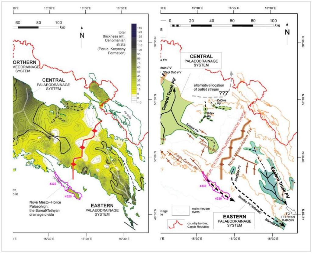 Obr. 4-6: Rozsah výplně paleoúdolí systému cenomanu české křídy v HGR 4320+30 a blízkém okolí Hranice HGR znázorněna silnou fialovou čarou, na podkladu mapy mocností cenomanu (kolektoru A, vlevo) a