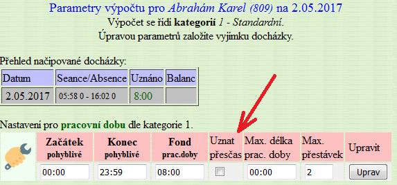 V tomto případě je nejlepší v kategoriích v zelené tabulce základních parametrů zrušit zatržítka Počítat denní přesčas. Program pak sám od sebe žádné denní přesčasy neuzná.