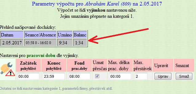 Stačí tedy uznávání přesčasu pro tento den zapnout, nastavení uložit tlačítkem Uprav a ve vrchní části již bude v tabulce přehledu čipování ve sloupečku Balanc uznaný přesčas vidět.