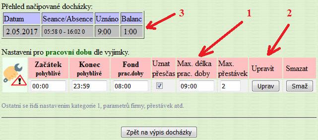 .. je vidět, že denní fond je nastavený na 8:00 hodin (sloupeček Fond prac.doby).