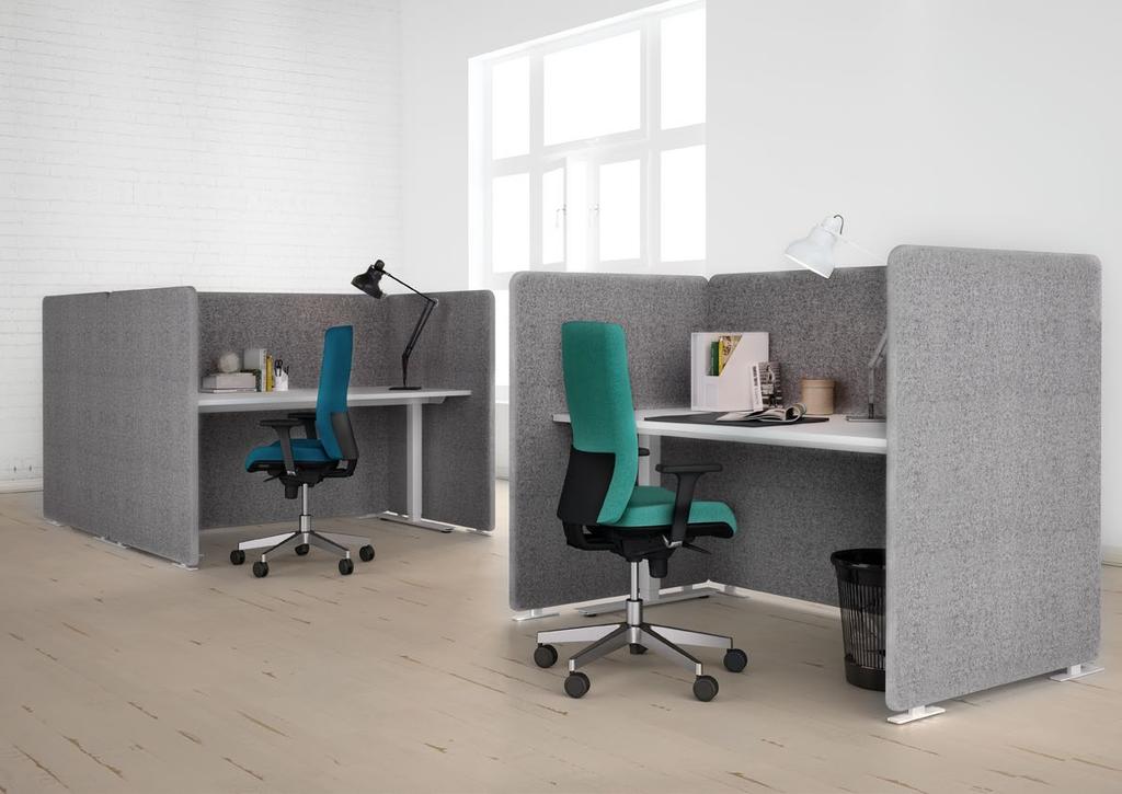 Sestava Acoustic Space perfektně pohlcuje nežádoucí zvuky a rozděluje Vaši kancelář na osobní pracovní prostory.