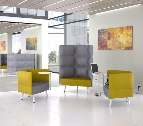 Tyto zóny vytvořené z nábytku podporují komunikaci a přispívají k lepším výkonům a efektivitě ve firmě. Acoustic Cum universal lounge seating system creating comfortable space for work or retreat.