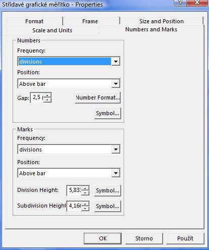 V této záložce nastavujeme, které čísla se na měřítku mají zobrazit (Frequency), a která rozdělení (Marks) mají být vykreslena.
