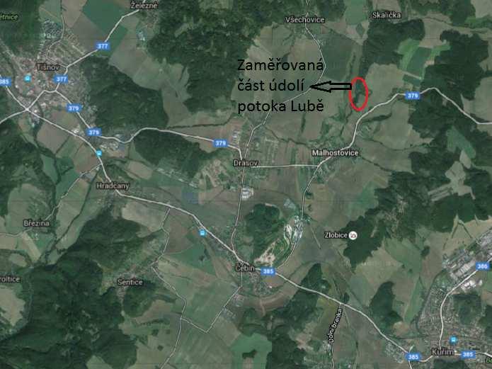 2 Lokalita Zaměřovaná část údolí potoka Lubě, Skalička Malhostovice, protéká Jihomoravským krajem podél cyklostezky, která je součástí projektu s názvem Čebínkou na kole ze Zlobice pod Paní horu.