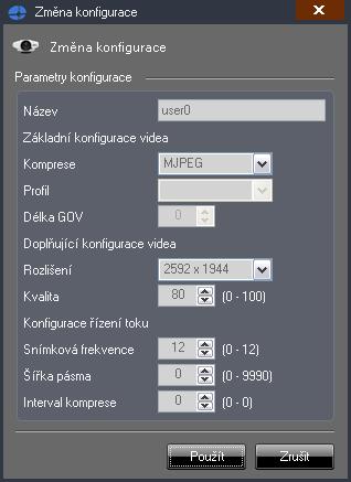 Po stisknutí tohoto tlačítka je zobrazen dialog s možností provedení úpravy dané konfigurace. Následující obrázek zobrazuje dialog s úpravou konfigurace komprese videa.
