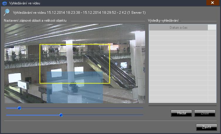 Pomocí dvou ovládacích prvků pod náhledem videa je možné nastavit minimální a maximální velikost vyhledávaného objektu (či velikost změny v obraze).