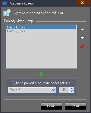 Ve spodní části je třeba vybrat libovolný pohled video stěny a prodlevu v sekundách. Stiskem zelené šipky je pohled přidán na konec automatického režimu do seznamu Pohledy video stěny.