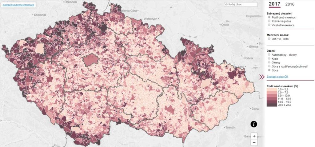 Obrázek č. 5: Mapa exekucí ČR, 2017 http://mapaexekuci.