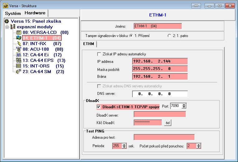 SATEL ETHM-1 7 Obr. 5. Program DLOADX: nastavení modulu ETHM-1 připojeného k ústředně VERSA.