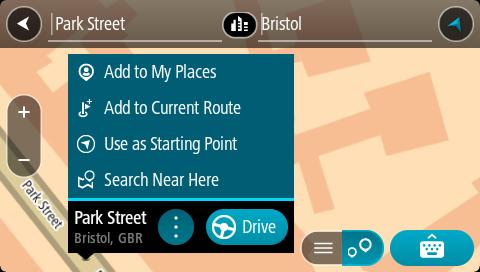 Když se adresa nebo BZ zobrazí na mapě, můžete pomocí vyskakovacího menu přidat místo do seznamu Moje místa. Pokud je již naplánovaná trasa, můžete místo přidat do aktuální trasy.