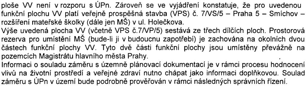 6 ploše W není v rozporu s ÚPn. Zároveò se ve vyjádøení konstatuje, že pro uvedenou funkèní plochu W platí veøejnì prospìšná stavba (VPS) È.