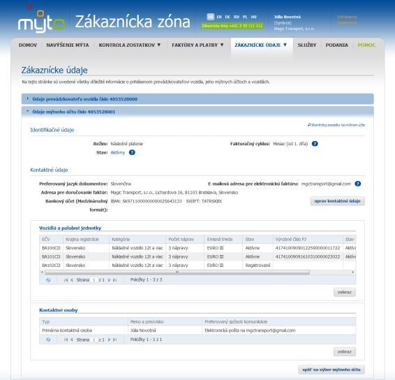 ZÁKAZNÍCKE ÚDAJE Skontrolujte správnosť svojich registračných údajov a v prípade potreby údaje upravte.