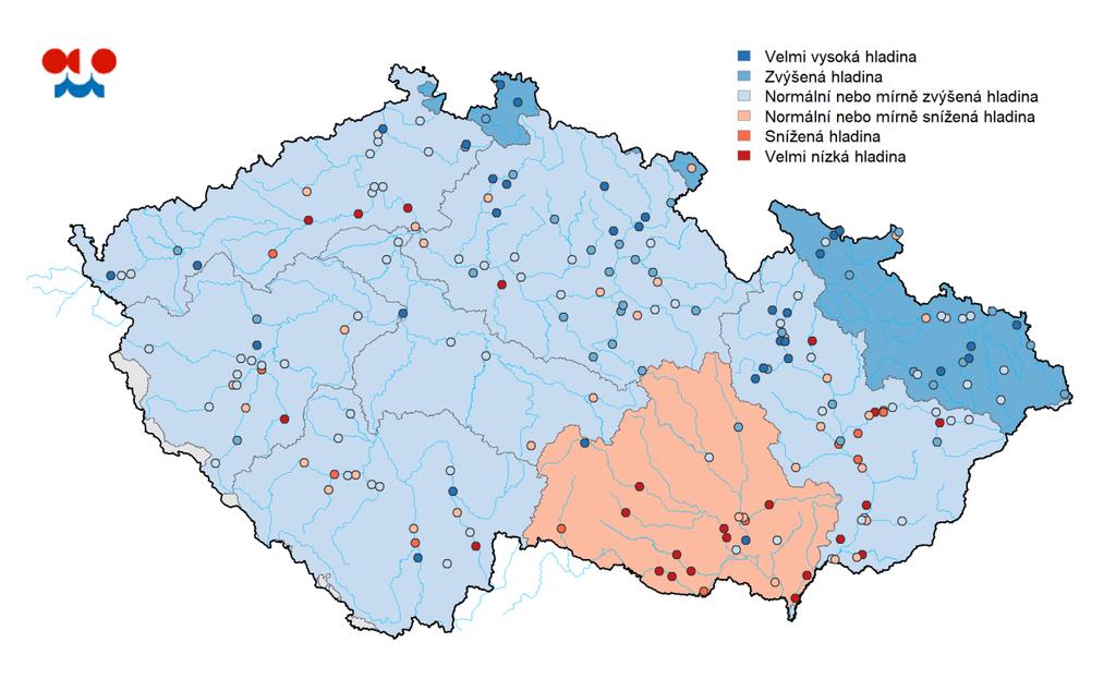 Tabulka: Stav hladiny v mělkých vrtech hodnocený dle pravděpodobnosti překročení v % objektů Povodí velmi nízká hladina snížená hladina hladina okolo normálu nebo mírně snížená hladina okolo normálu