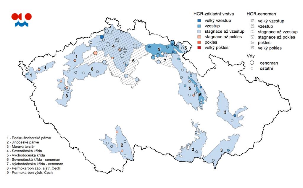 Mapa: Změna hladin v hlubokých vrtech v
