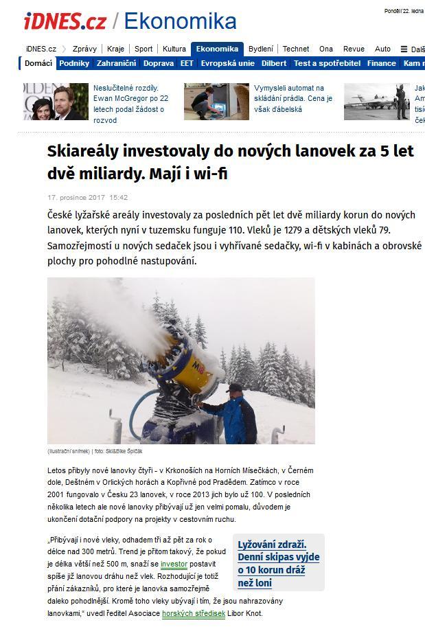 Skiareály investovaly do nových lanovek za 5 let dvě miliardy.