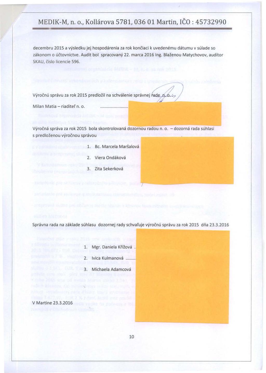 decembru 2015 a výsledku jej hospodárenia za rok končiaci k uvedenému dátumu v súlade so zákonom o účtovníctve. Audit bol spracovaný 22. marca 2016 Ing.