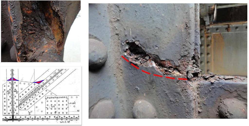 Z hlediska poruch ocelové konstrukce je nejvážnější poruchou štěrbinová koroze pásnic diagonál a svislic v připojení ke styčníkovým plechům a dále v místech připojení spojek členěných prutů.