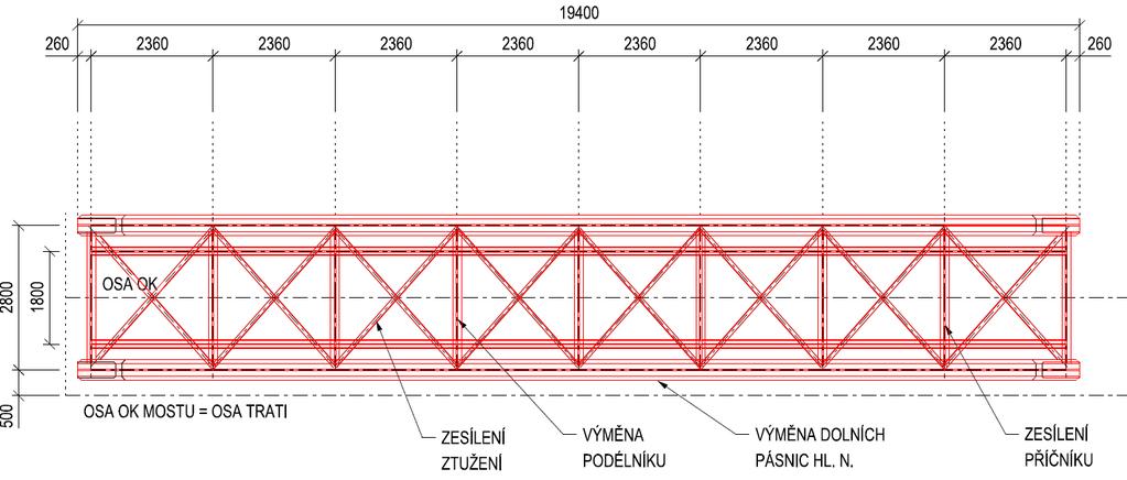 Návrh rekonstrukce vyměňované prvky (červeně) ocelové konstrukce NK1- NK3 mostu v km 3,545 Návrh rekonstrukce vyměňované prvky (červeně) ocelové konstrukce NK4 mostu v km 3,545 6.4.3 Spodní stavba U spodní stavby je předpokládána sanace povrchu vč.