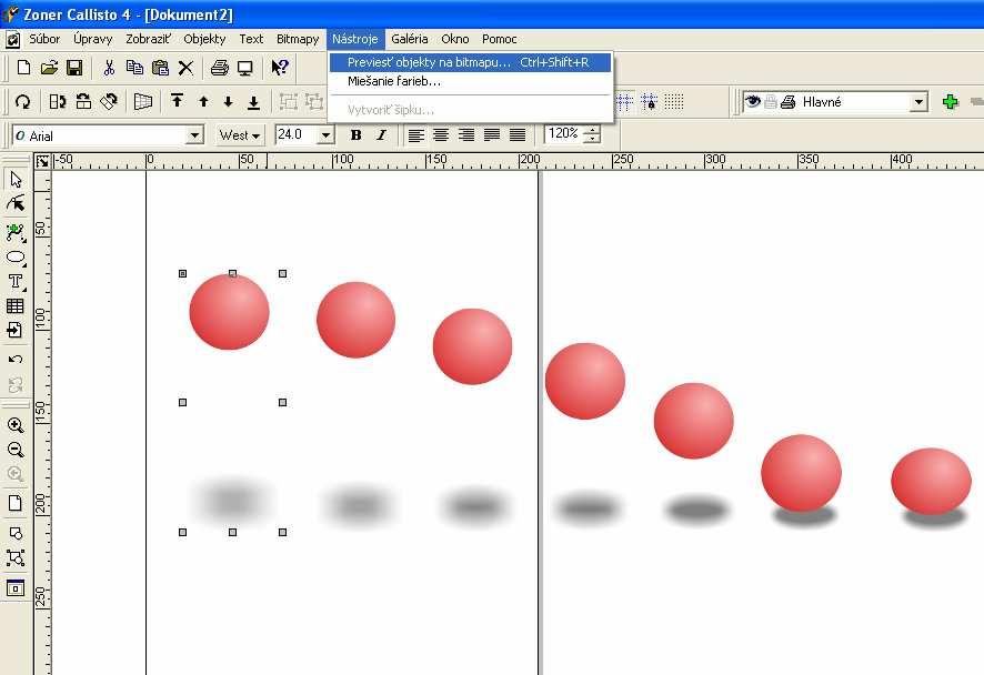 cez Nástroje Previesť objekty na bitmapu.