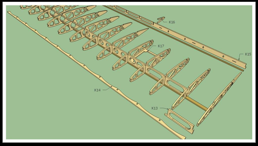 Od kořenového žebra K1 to jsou samostatné díly, ale za poslední K3 je středová stojina spojena do jednoho dílu, zářezy určují rozteče žeber a odtokový spevňovací díl K15 na kterém jsou ulamovací