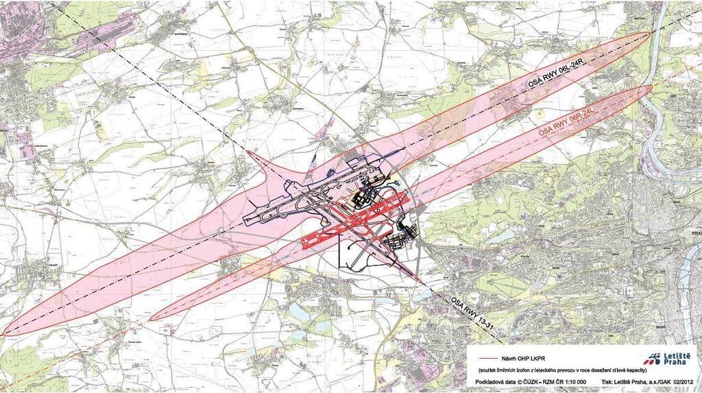 Obrázek 5: Návrh ochranného hlukového pásma pro letecký provoz v roce dosažení cílové kapacity letiště 2020.