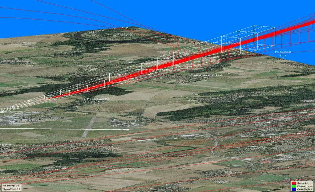Obrázek 11: 3D záznam trajektorií jednotlivých letů ve směru přiblížení na RWY
