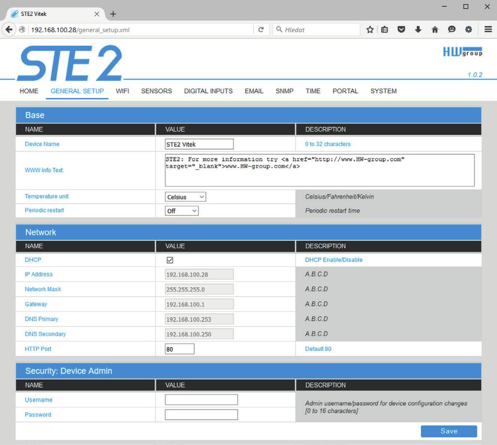Záložka General Setup Sekce Base Device Name Název zařízení (STE2), umožňuje rozlišovat jednotlivé STE2 v síti. WWW Info Text Text v zápatí www stránek.