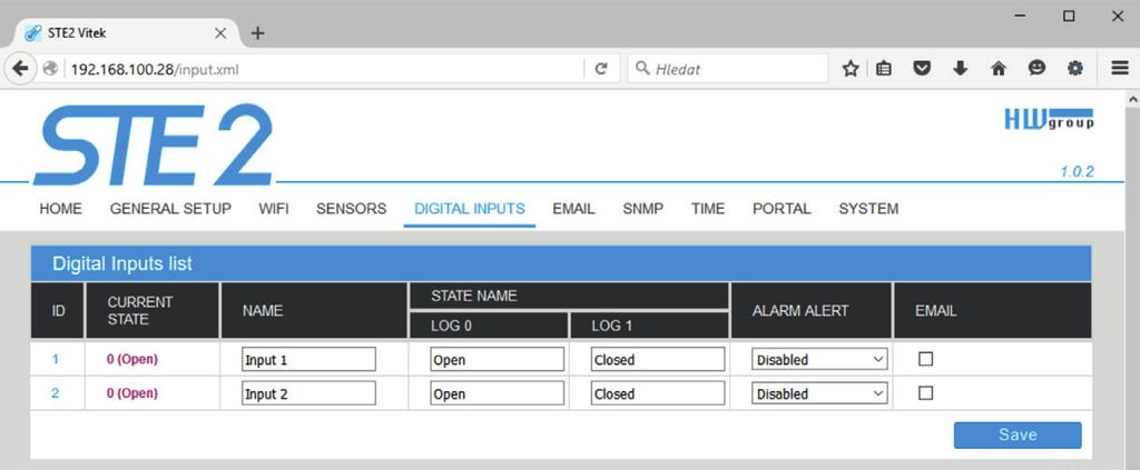 Záložka Digital Inputs Sekce Sensor List* ID Identifikace proměnné vstupu v rámci zařízení. Current State Výpis aktuálního stavu vstupu ( 0 (Off) / 1 (On) ). Name Název vstupu na 12 znaků (např.