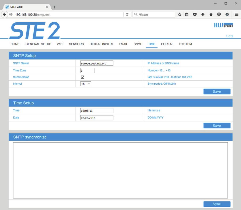 Záložka Time Na záložce Time se nastavuje systémový čas a parametry možné automatické synchronizace prostřednictvím časových serverů.