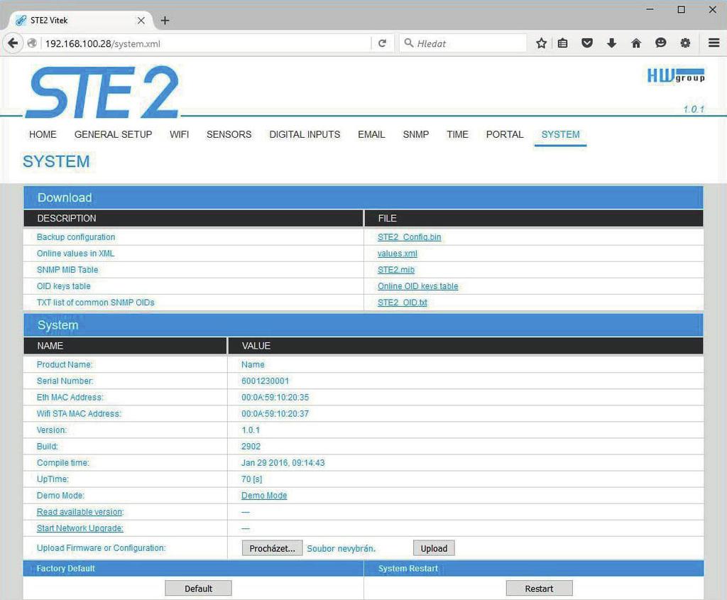 Upgrade firmware v jednotkách STE2 1 Otevřte WWW rozhraní