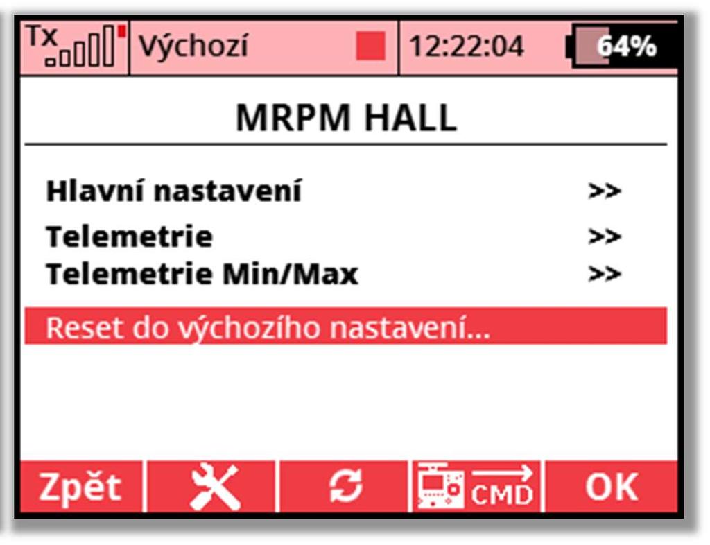 Vychozi Nastaveni současným stlačením šipky R a L (vpravo a vlevo) dojde k načtení výchozího nastavení senzoru MRPM HALL. MRPMH v. xx.