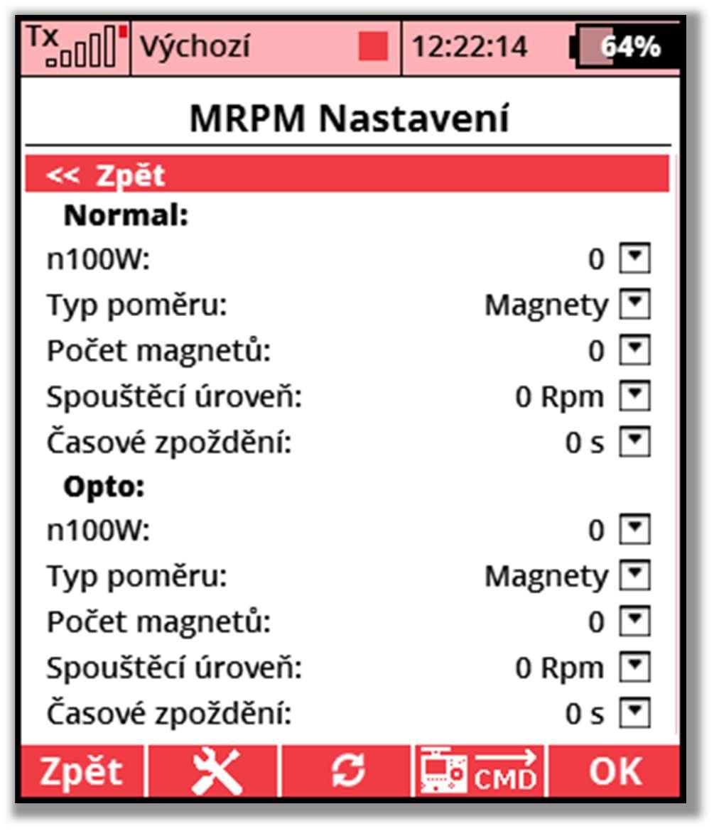 Návod k obsluze: MRPM HALL 4.1. Hlavní nastavení pro Normal a Opto vstup n100w - nastavení parametru pro výpočet výkonu vrtule.