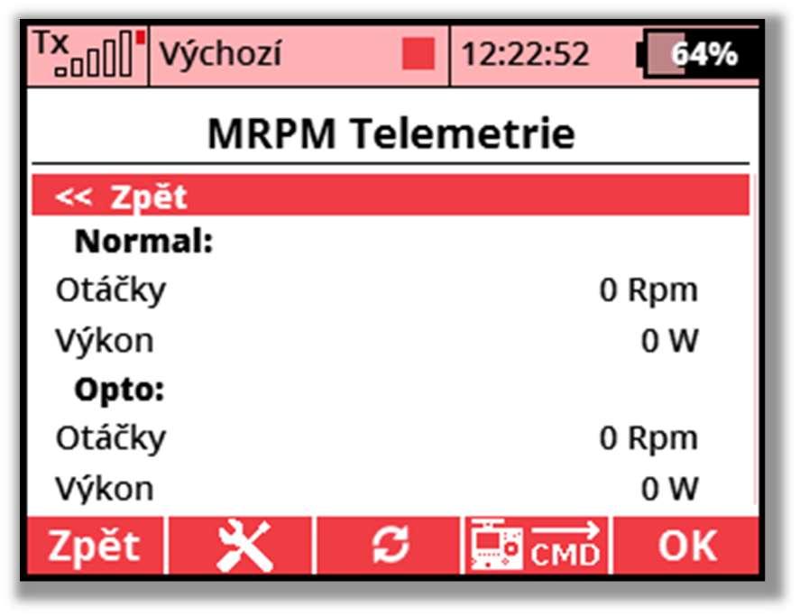 4.2. Telemetrie Otáčky zobrazuje aktuální měřené otáčky za minutu Výkon zobrazuje aktuální výkon vrtule ve watech Obr. 6: MRPM Telemetrie 4.3.