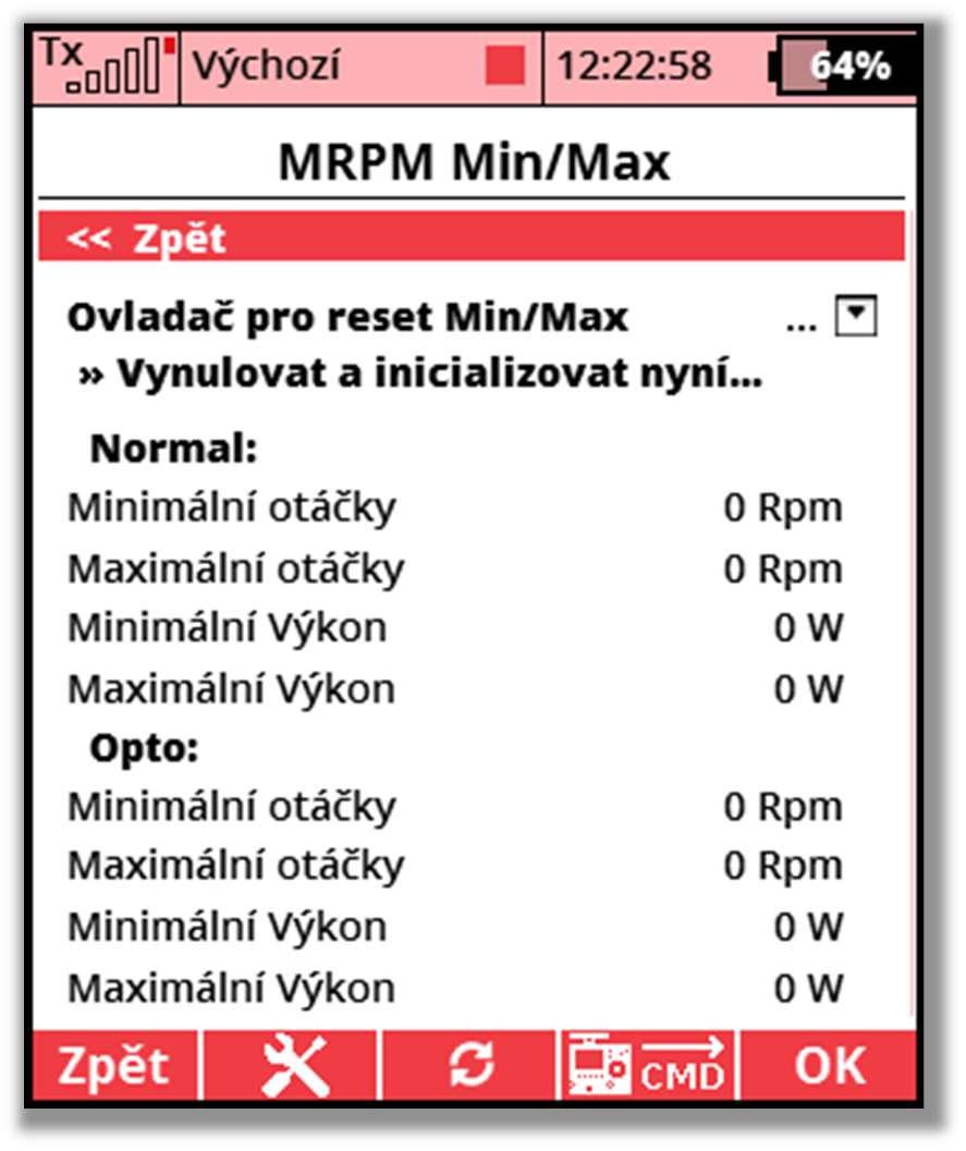 Vynulovat a inicializovat nyní - okamžité vynulování minim a maxim MRPM HALL.