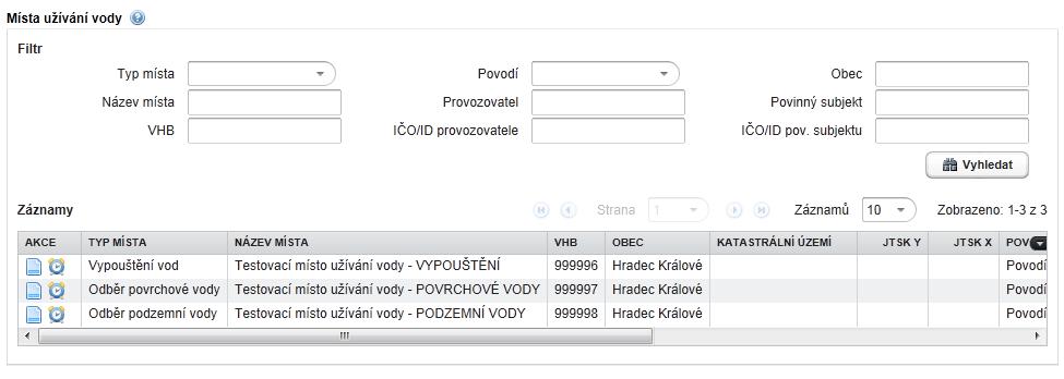 7.6 Záložka Místa užívání vody 7.6.1 Přehled míst užívání vody V Přehledu míst užívání vody jsou uvedena všechna místa užívání vody, evidovaná na příslušném podniku povodí za ty subjekty, jichž je