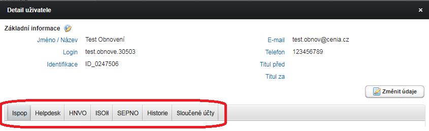 Detail uživatele (ikona ve sloupci AKCE) je kromě základních informací o uživateli vybaven pěti záložkami: Ispop Zde je uvedeno, jaká práva uživatel má: oprávnění Správce subjektu nebo Běžný