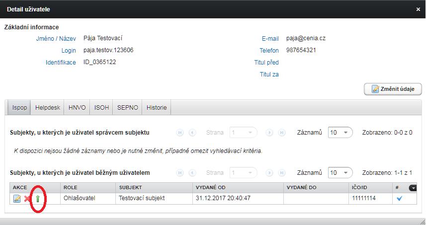 akční ikony změnit platné oprávnění uživatele z Běžného uživatele na Správce subjektu (povýšit na Správce subjektu).